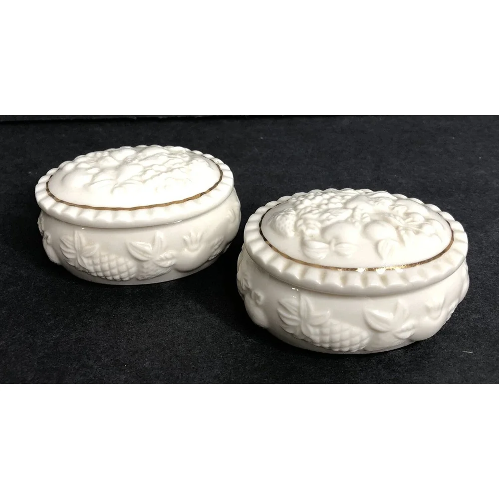 2 LENOX Fruits of Life Small Oval Boxes with Lids Porcelain 1998 Trinket Dish